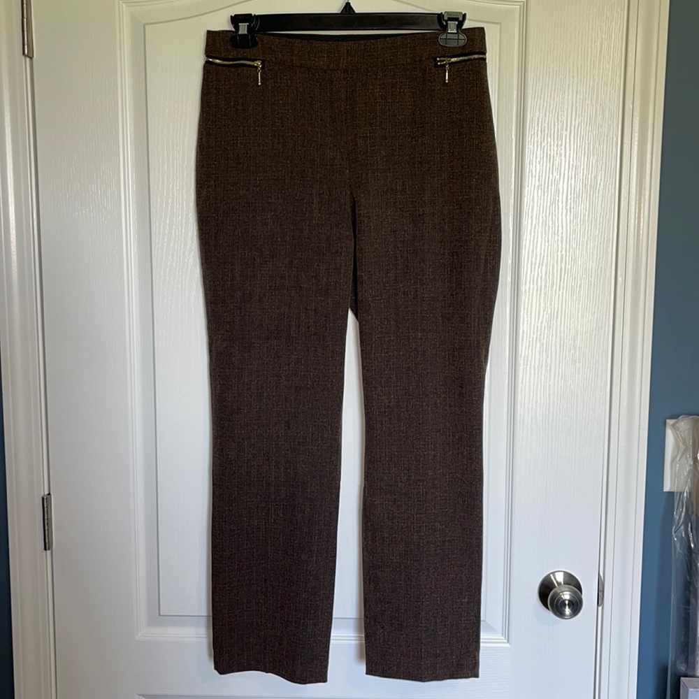 Women’s size 10 brown, black, & gold (stretchy waistband) dress pants.